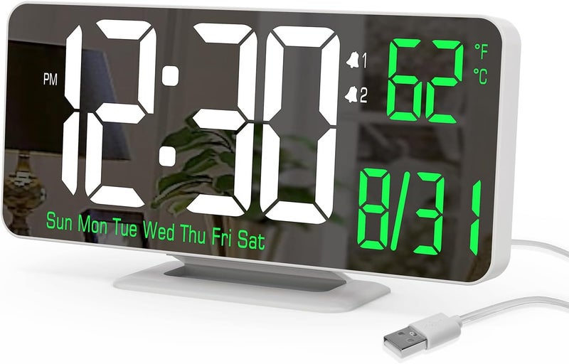 KOSUMOSU Alarm Clock for Bedroom, 6.7" Led Desk Digital Clock,Mirror Clock,Dual Alarm Clock for Living Room with Seconds,Date,Week,12/24h,Dimming,Temp - Image 1