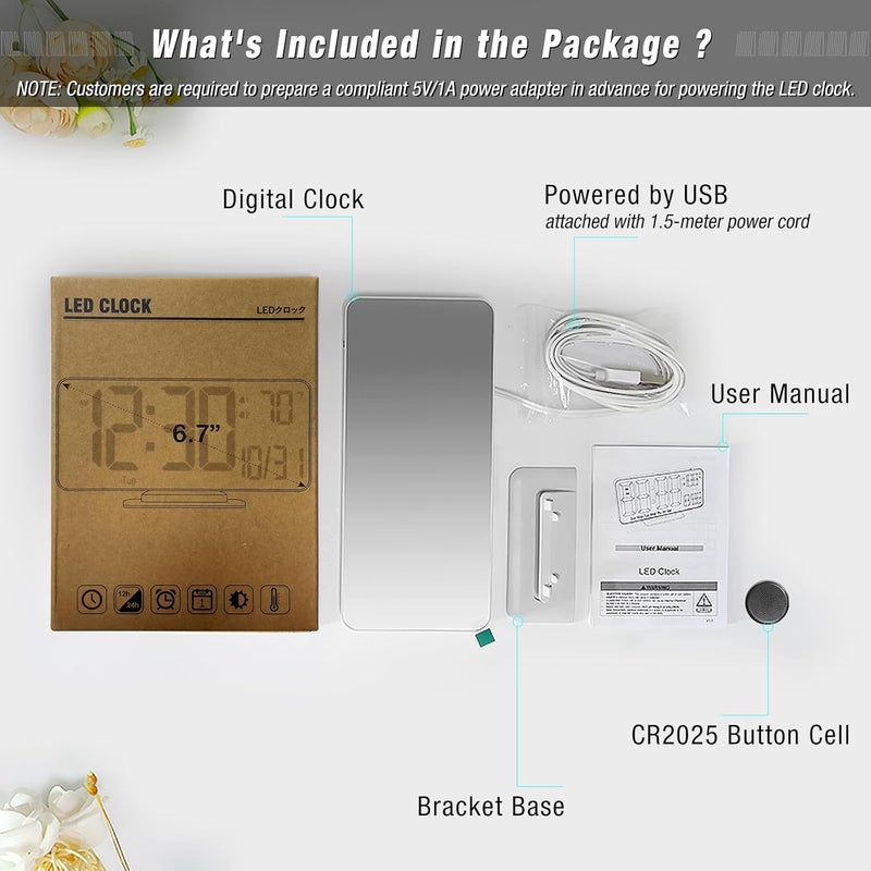 KOSUMOSU Alarm Clock for Bedroom, 6.7" Led Desk Digital Clock,Mirror Clock,Dual Alarm Clock for Living Room with Seconds,Date,Week,12/24h,Dimming,Temp - Image 4