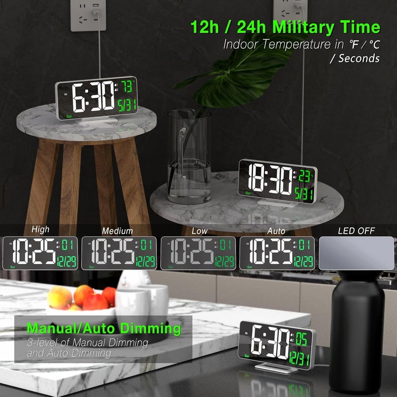 KOSUMOSU Alarm Clock for Bedroom, 6.7" Led Desk Digital Clock,Mirror Clock,Dual Alarm Clock for Living Room with Seconds,Date,Week,12/24h,Dimming,Temp - Image 3