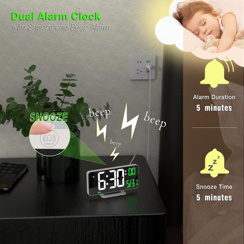 KOSUMOSU Alarm Clock for Bedroom, 6.7" Led Desk Digital Clock,Mirror Clock,Dual Alarm Clock for Living Room with Seconds,Date,Week,12/24h,Dimming,Temp - Image 5