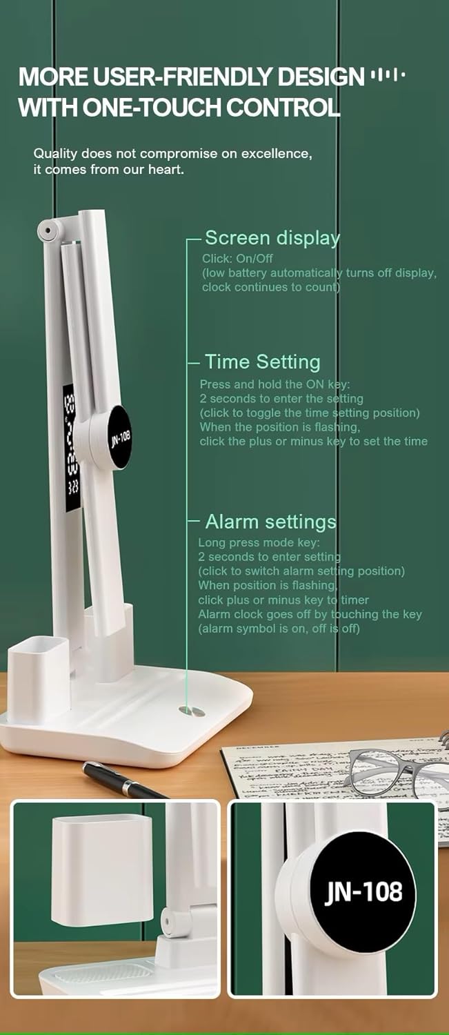 HUMAIZAR LED Table Lamp with Pen Holders Time Date Temperature Display Dimmable 3 Colour Modes Touch Control Rechargeable Foldable EyeCaring Men Women Gifts White Color - Image 4
