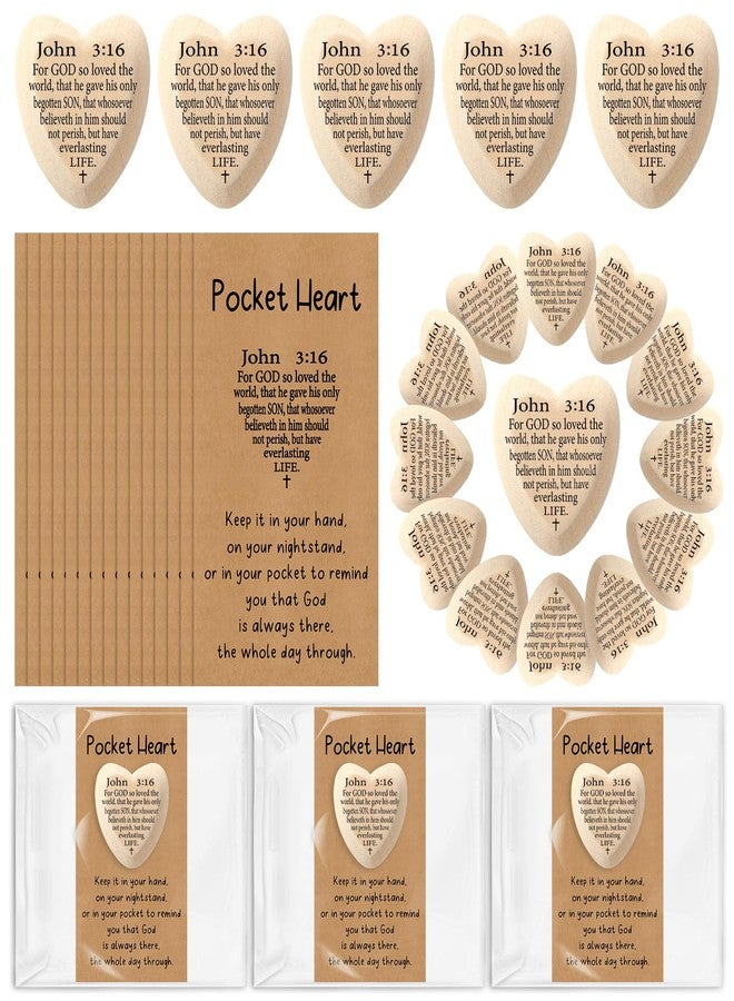 Leinuosen 50 Set John 3: 16 Pocket Hug Heart Token Inspirational Christian Gifts Wooden Religious Bible Verses Token with Holy Cards Prayer for Church Supplies Sunday School (Wood) - Image 1