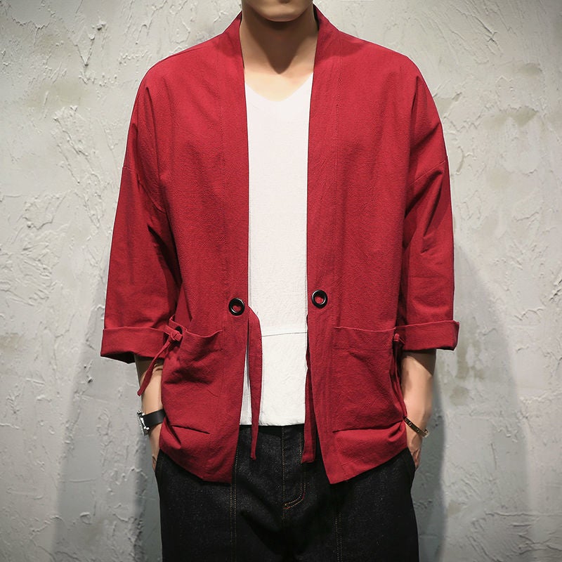 Summer Chinese Style Feather Weaving Robe Mens Hanfu Cardigan Cotton Linen Japanese Kimono Linen Seven-Sleeve Shirt Coat 708 red