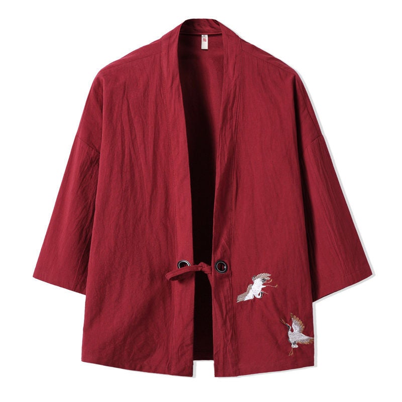 Summer Chinese Style Feather Weaving Robe Mens Hanfu Cardigan Cotton Linen Japanese Kimono Linen Seven-Sleeve Shirt Coat 708 red