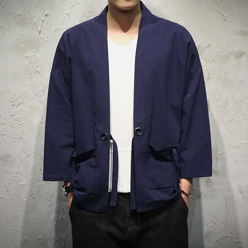 Summer Chinese Style Feather Weaving Robe Mens Hanfu Cardigan Cotton Linen Japanese Kimono Linen Seven-Sleeve Shirt Coat 708 red
