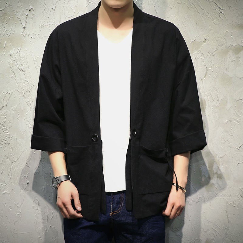 Summer Chinese Style Feather Weaving Robe Mens Hanfu Cardigan Cotton Linen Japanese Kimono Linen Seven-Sleeve Shirt Coat 708 red
