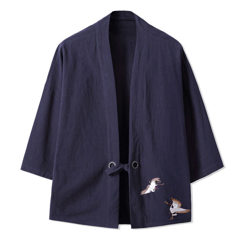 Summer Chinese Style Feather Weaving Robe Mens Hanfu Cardigan Cotton Linen Japanese Kimono Linen Seven-Sleeve Shirt Coat 708 red