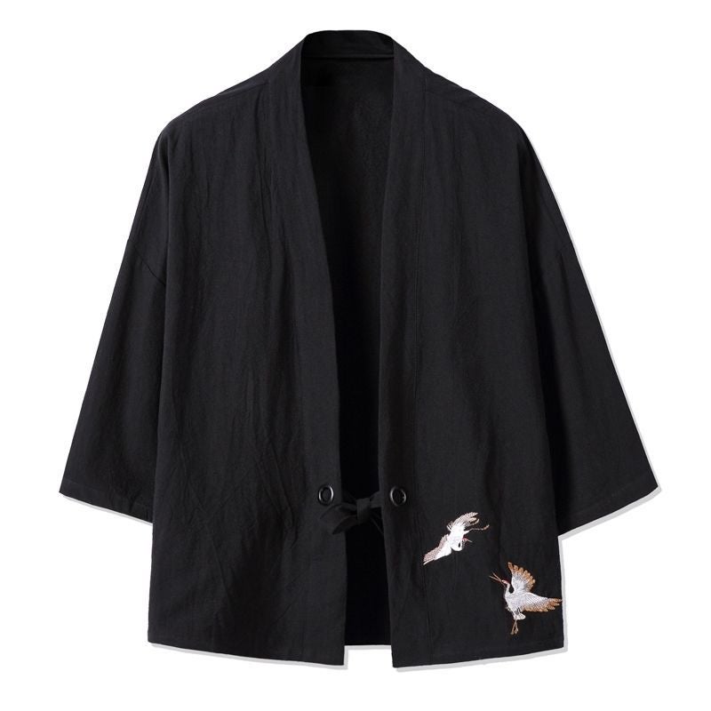 Summer Chinese Style Feather Weaving Robe Mens Hanfu Cardigan Cotton Linen Japanese Kimono Linen Seven-Sleeve Shirt Coat 708 red