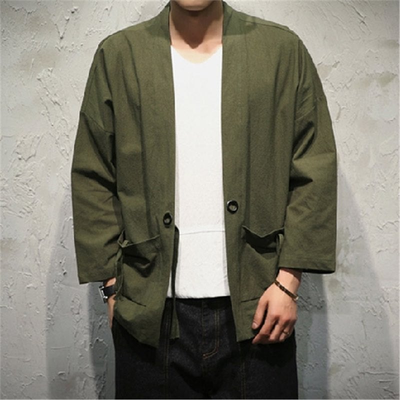 Summer Chinese Style Feather Weaving Robe Mens Hanfu Cardigan Cotton Linen Japanese Kimono Linen Seven-Sleeve Shirt Coat 708 red