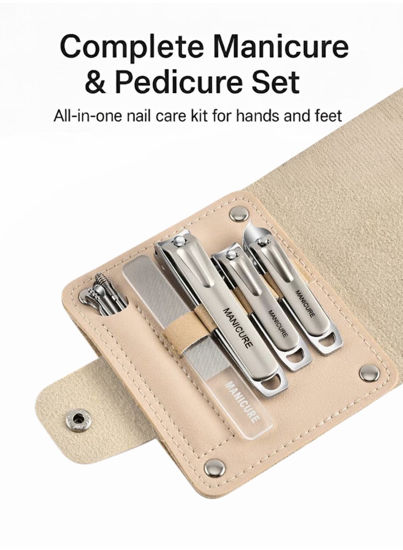 MANICURE Nail Clipper Set 12-Piece Stainless Steel Manicure Pedicure Kit with Anti-Splash Clippers, Glass File, Ear Tools & Beige Case for Men Women - Image 2