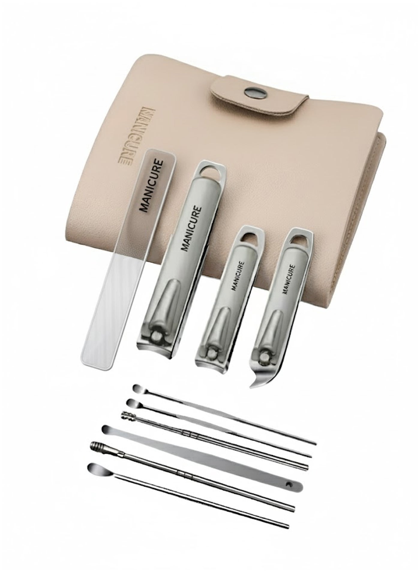 Nail Clipper Set 12-Piece Stainless Steel Manicure Pedicure Kit with Anti-Splash Clippers, Glass File, Ear Tools & Beige Case for Men Women