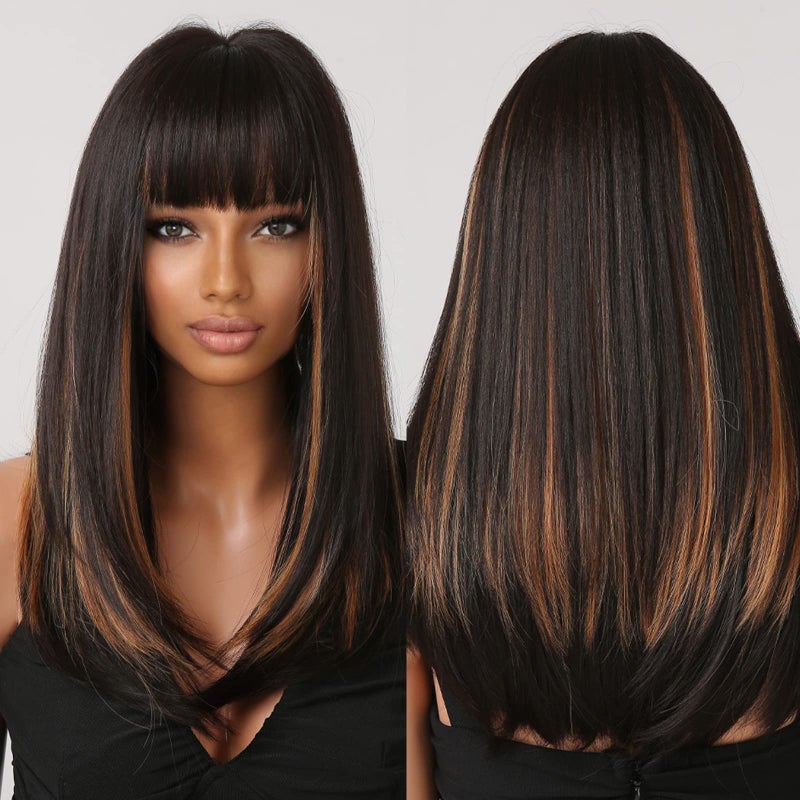 Allbell Long Black Wigs for Women ShoulerLength Straight Black Mixed Blonde with Bangs Natural Synthetic Wig Hair Repalcement Wig for Daily Party Use