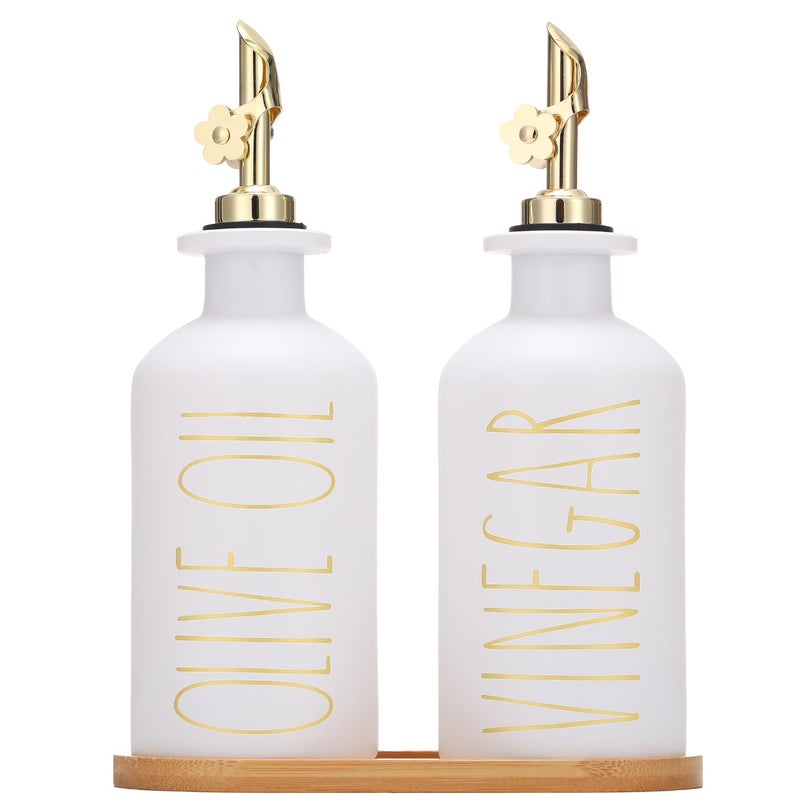 HOMCDALY Premium Olive Oil Dispenser for Kitchen 118oz Glass Oil Bottles with Bamboo Tray White and Gold OilVinegar Cruet Set Kitchen Dispenser Bottles with Pourer Set of 2 118oz PGold - Image 2