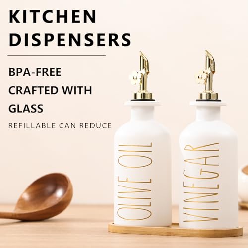 HOMCDALY Premium Olive Oil Dispenser for Kitchen 118oz Glass Oil Bottles with Bamboo Tray White and Gold OilVinegar Cruet Set Kitchen Dispenser Bottles with Pourer Set of 2 118oz PGold - Image 3