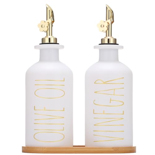 HOMCDALY Premium Olive Oil Dispenser for Kitchen 118oz Glass Oil Bottles with Bamboo Tray White and Gold OilVinegar Cruet Set Kitchen Dispenser Bottles with Pourer Set of 2 118oz PGold - Image 1