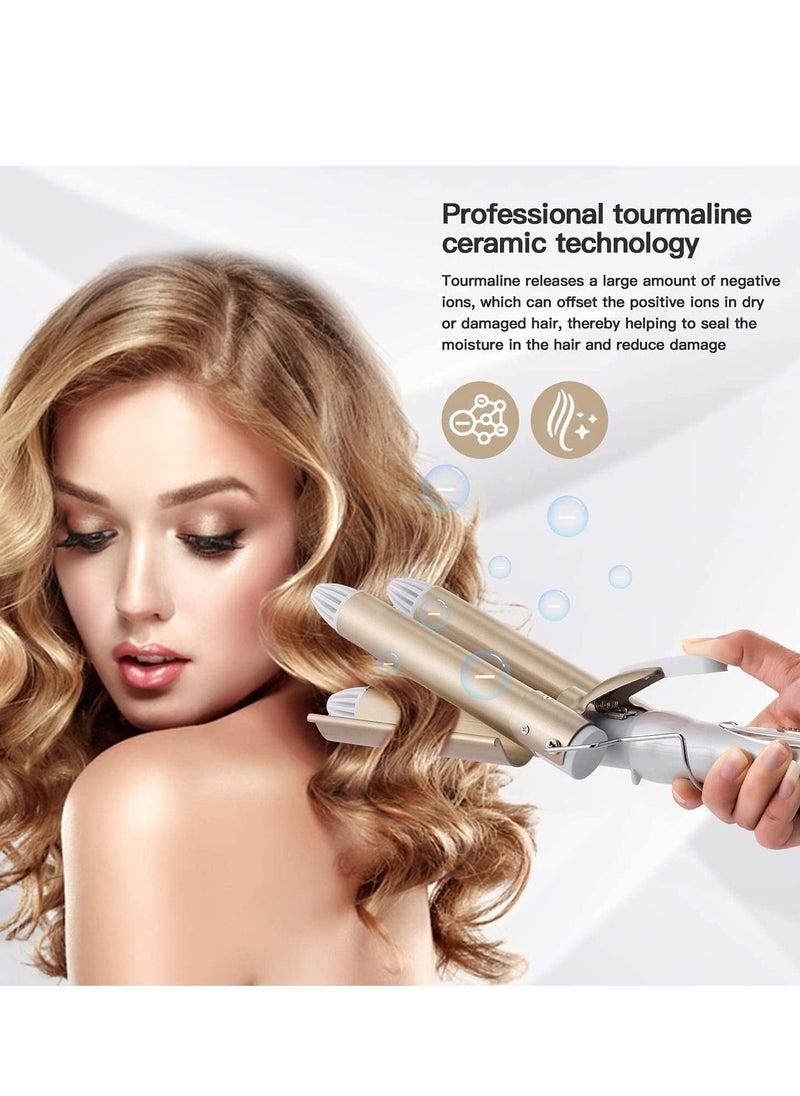 Generic - 3 Barrel Curling Iron,1 inch Triple Three Barrel Hair Waver Mermaid Beach Waves Curling Wand Ceramic Tourmaline Temperature Adjustable Curler Irons,Hair Crimper Fast Heating Curling Wand (Gold) - Image 1