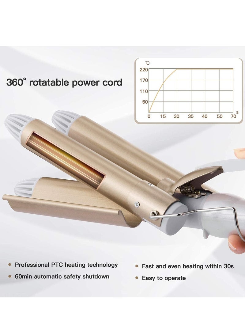 Generic - 3 Barrel Curling Iron,1 inch Triple Three Barrel Hair Waver Mermaid Beach Waves Curling Wand Ceramic Tourmaline Temperature Adjustable Curler Irons,Hair Crimper Fast Heating Curling Wand (Gold) - Image 1