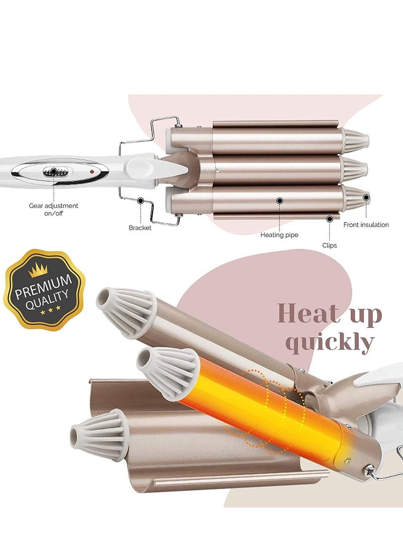 Generic - 3 Barrel Curling Iron,1 inch Triple Three Barrel Hair Waver Mermaid Beach Waves Curling Wand Ceramic Tourmaline Temperature Adjustable Curler Irons,Hair Crimper Fast Heating Curling Wand (Gold) - Image 1