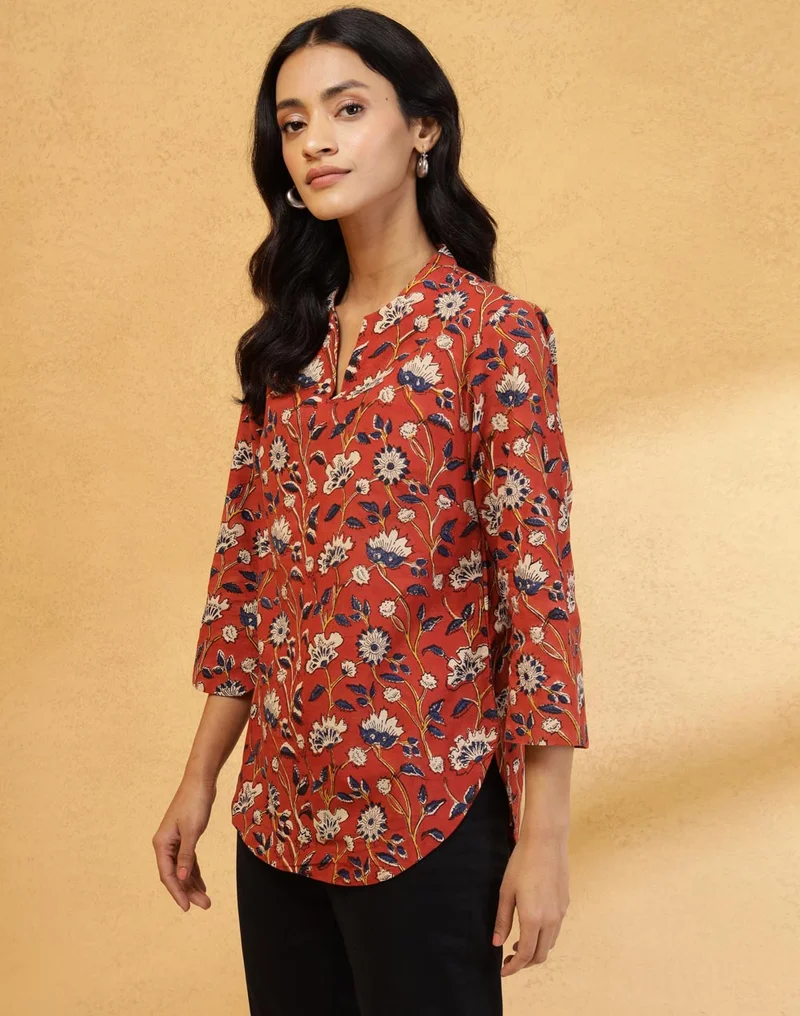 Fabindia Red Cotton Bagru Printed Top