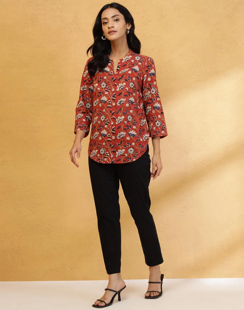 Fabindia Red Cotton Bagru Printed Top