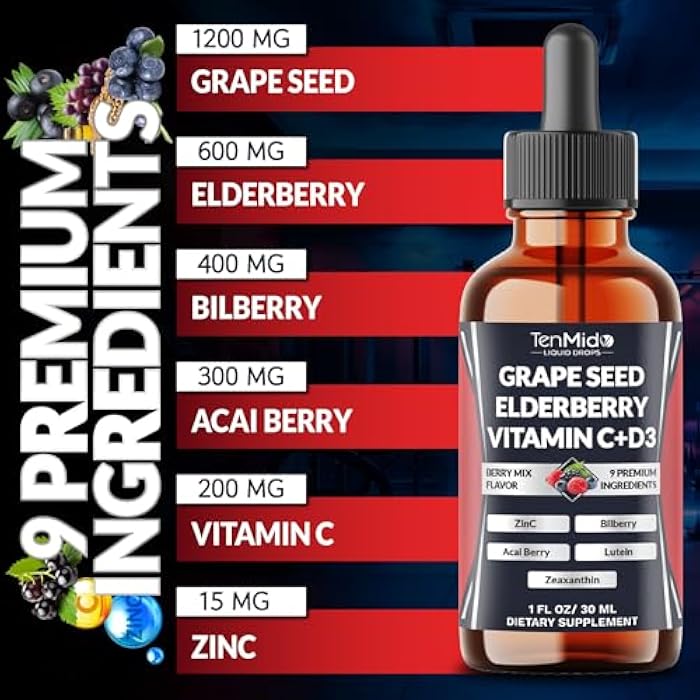 Tenmido 9in1 Grape Seed Extract Liquid Drops with Elderberry, Bilberry, Acai Berry, Lutein, Zeaxanthin, and More - Antioxidant & Immune System Support - 30ml 1 Fl Oz - Image 3