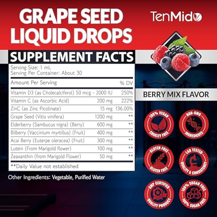 Tenmido 9in1 Grape Seed Extract Liquid Drops with Elderberry, Bilberry, Acai Berry, Lutein, Zeaxanthin, and More - Antioxidant & Immune System Support - 30ml 1 Fl Oz - Image 2