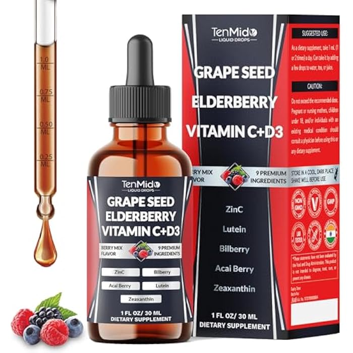 Tenmido 9in1 Grape Seed Extract Liquid Drops with Elderberry, Bilberry, Acai Berry, Lutein, Zeaxanthin, and More - Antioxidant & Immune System Support - 30ml 1 Fl Oz - Image 1
