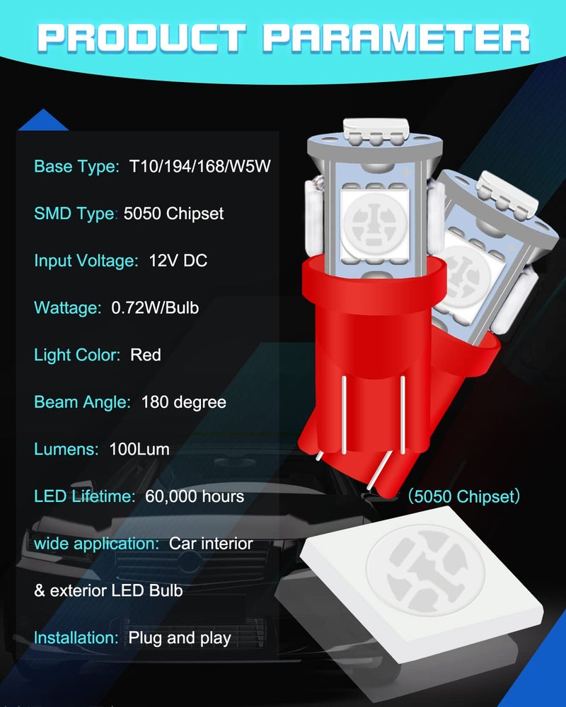 UNXMRFF 25-Pack 194 LED Light Bulb, Super Bright T10 LED Bulb Red, 2825 Bulb 5050 Chipset 5-SMD, W5W 168 LED Bulbs Replacement for 12V Car Interior Dome Map Door Courtesy License Plate Lights - Image 3