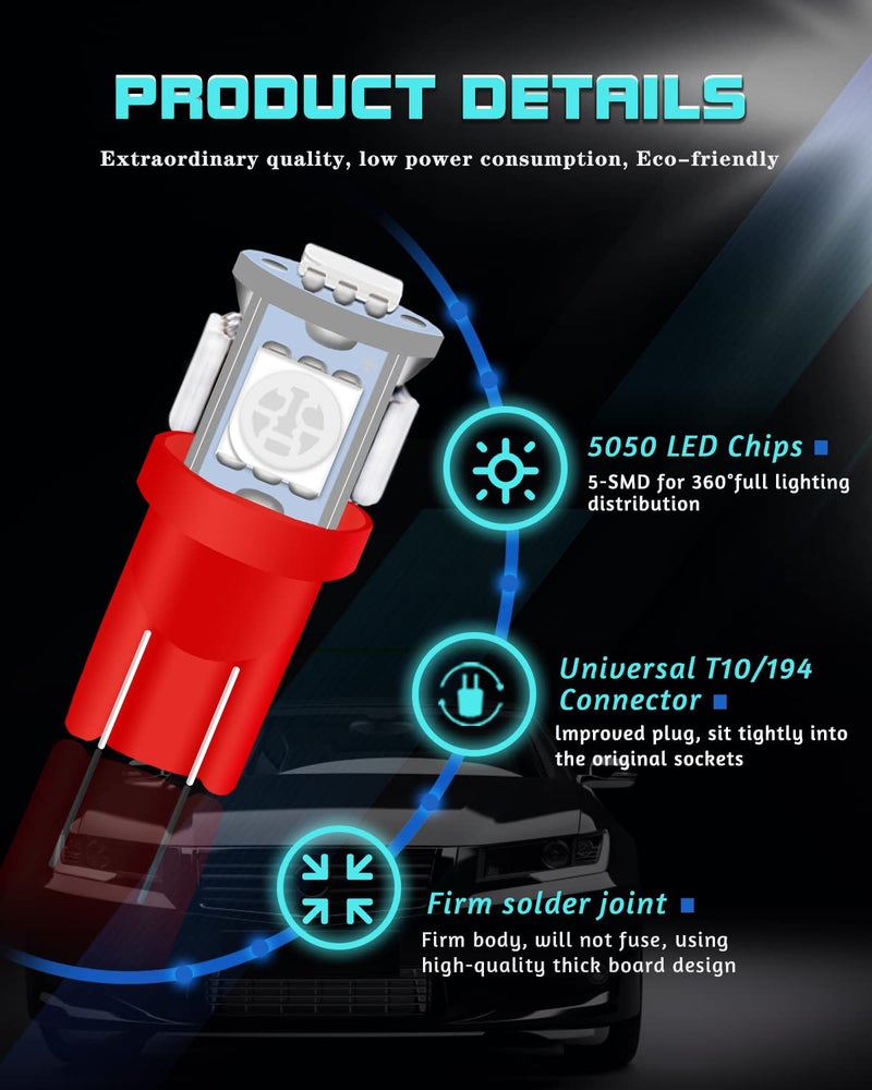 UNXMRFF 25-Pack 194 LED Light Bulb, Super Bright T10 LED Bulb Red, 2825 Bulb 5050 Chipset 5-SMD, W5W 168 LED Bulbs Replacement for 12V Car Interior Dome Map Door Courtesy License Plate Lights - Image 4