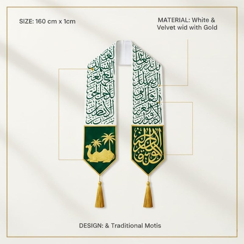 Saudi National Day Scarf Stole White Satin with Dense Arabic Calligraphy Print and Green Embroidered Panels Golden Camel with Palm Trees and Calligraphic Design Premium Tassel Finish - Image 4