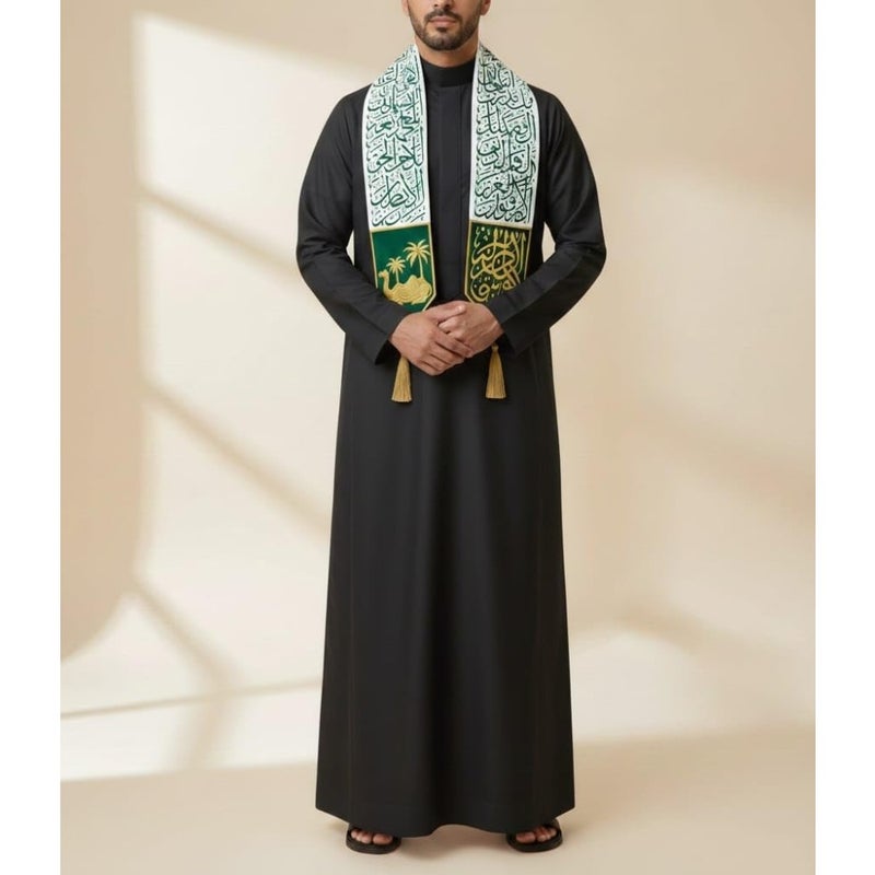 Saudi National Day Scarf Stole White Satin with Dense Arabic Calligraphy Print and Green Embroidered Panels Golden Camel with Palm Trees and Calligraphic Design Premium Tassel Finish - Image 2