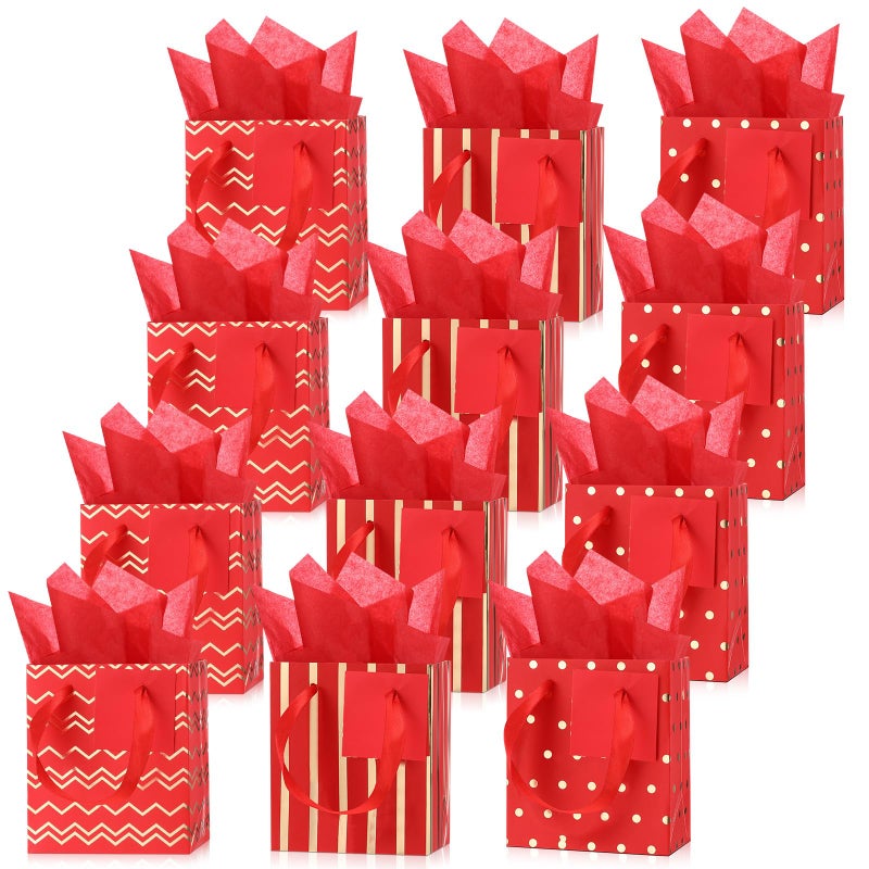 Tenare 12 Pcs Small Gift Bags Mini Metallic Paper Bag Bulk Tiny with Handle Tissue Paper for Gift Wrapping Happy Valentines Day Chinese New Year Birthday Party(4 x 2.75 x 4.5 Inch,Red Gold) - Image 1