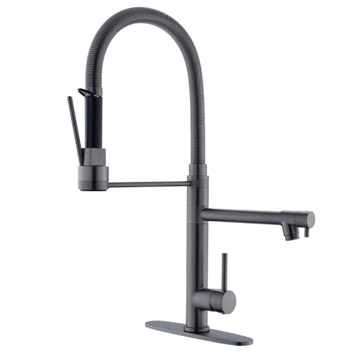 GIMILI Black Stainless Commercial Kitchen Faucet with Pull Down Sprayer DoubleHeaded Kitchen Faucets with Deck Plate - Image 1