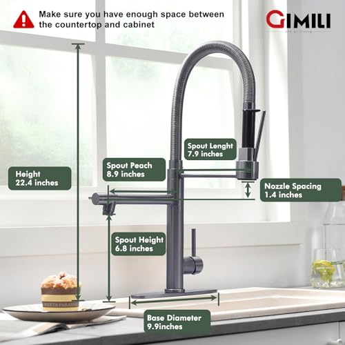 GIMILI Black Stainless Commercial Kitchen Faucet with Pull Down Sprayer DoubleHeaded Kitchen Faucets with Deck Plate - Image 3