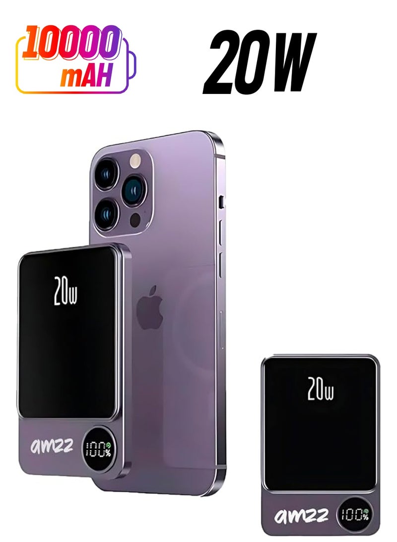 شاحن باور بانك مغناطيسي لاسلكي سريع AMZZ 10000 مللي أمبير 20 واط شاحن محمول ومتوافق مع آيفون 14/13/12 (أرجواني)