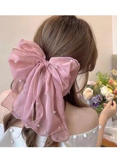 KHAJUL 2-Pieces Pearl Mesh Tulle Bowknot Big Hair Clips for Women, Ribbon Long Tail Aesthetic Hair Accessories (Pink+Beige)  - Image 5