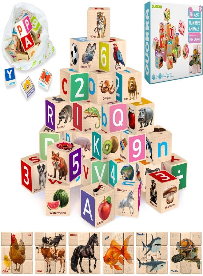 QUOKKA Montessori Wooden Blocks for Toddlers 1-3 - 35 Realistic ABC Learning Baby Blocks for Kids 3-5 Year Olds - Stacking Alphabet Wood Toys for 2-4 yo - Learn Letters Numbers - Image 1
