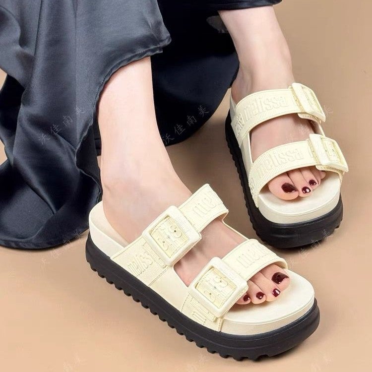Summer Melissa Women'S Shoes Platform Sandals Slides Double Buckle Jelly Shoes Casual Sandals - Image 5