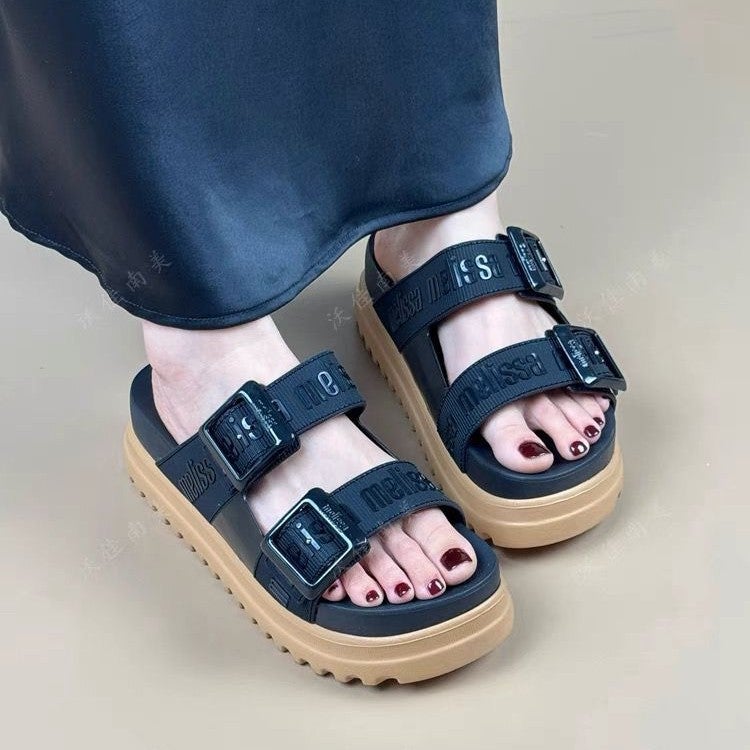 Summer Melissa Women'S Shoes Platform Sandals Slides Double Buckle Jelly Shoes Casual Sandals - Image 3