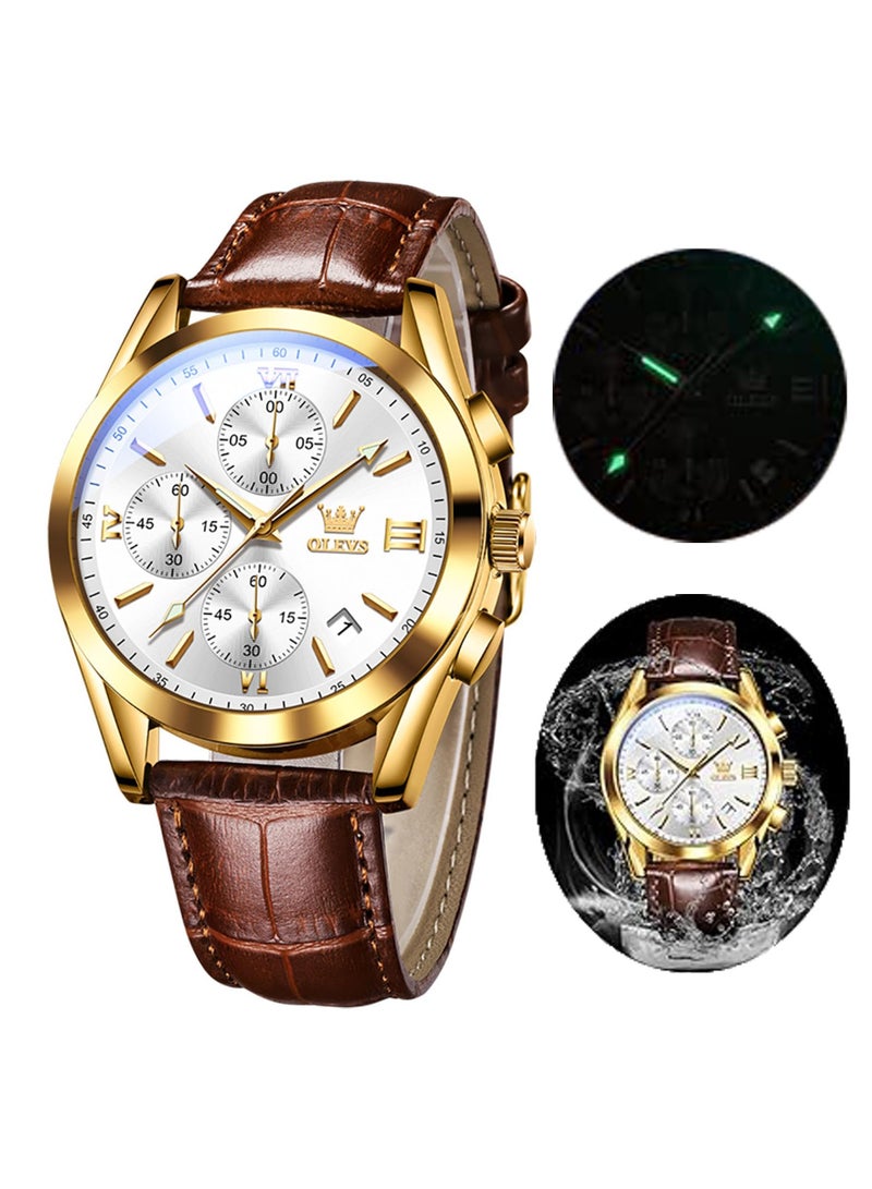 أوليفز ساعات كوارتز كرونوغراف للرجال من OLEVS، هيكل ذهبي بسوار جلدي مع تاريخ نهاري، ساعة يد من الفولاذ المقاوم للصدأ مقاومة للماء، ساعات مضيئة للرجال، الموضة والترفيه - Image 1