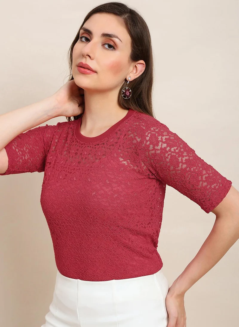 globus Globus Women Red Round Neck Self Design Floral Lace Party Top