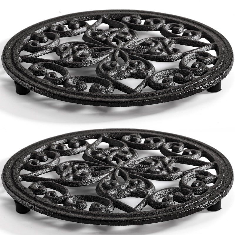 Coloch 2 Pack Cast Iron Trivet 71 Inch Round Metal Trivet with Vintage Patterns Rustproof Hot Pot Holder Pads with Rubber Pegs for Serving Hot Dishes Pans Tea Pots for Kitchen Black