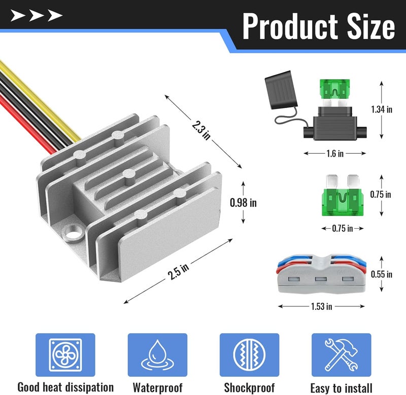 Kzreect 12V 10A 120W Step Down Converter, DC 17-65V to DC 12V Voltage Reducer, Voltage Regulator Transformer with Fuses Holder, Wire Terminals for Golf Cart Club Car Truck Vehicle, 14AWG Wire - Image 2