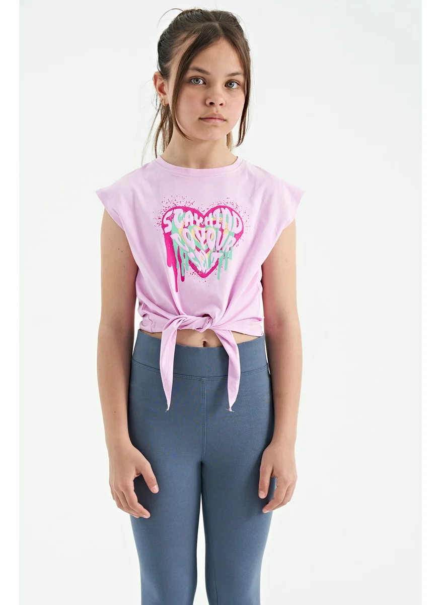 تومي لايف Pink Heart Printed Front Knot Detailed Comfortable Form Girls T-Shirt - 75114
