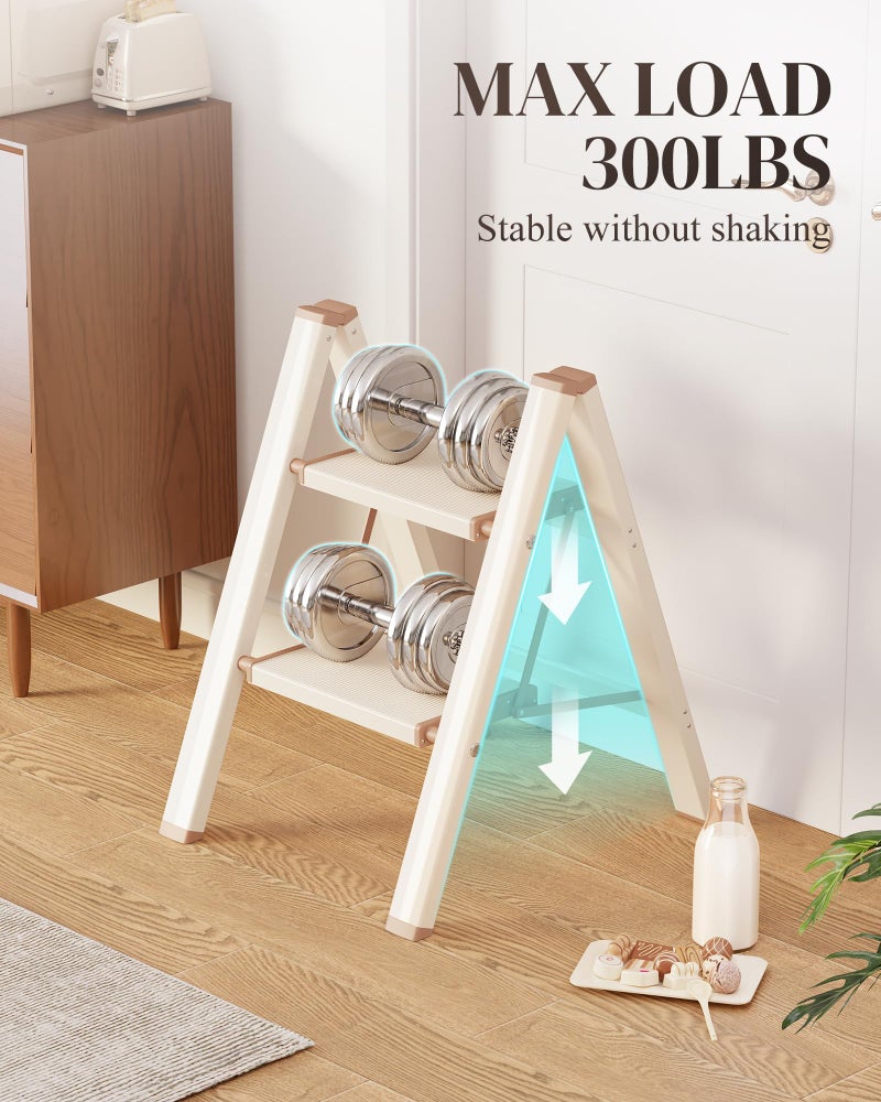 GameGem 2 Step Ladder, Folding Step Stool with Wider Pedal, Anti-Slip Feet & Non Slip Stripes, Aluminum Sturdy Material, 300Lbs Capacity, Elegant Look of Cream Chocolate Better Matches Your Home - Image 4