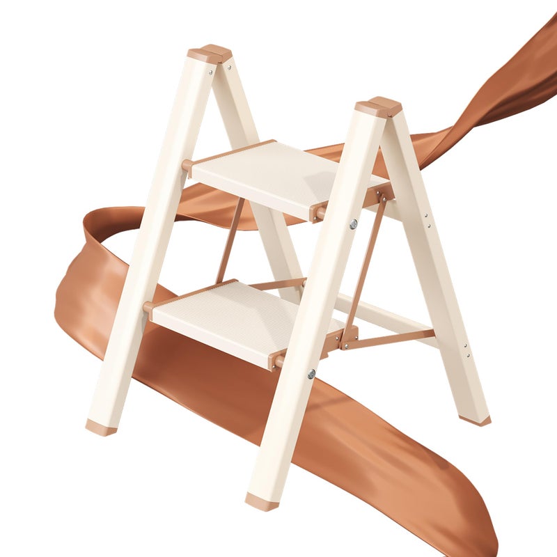 GameGem 2 Step Ladder, Folding Step Stool with Wider Pedal, Anti-Slip Feet & Non Slip Stripes, Aluminum Sturdy Material, 300Lbs Capacity, Elegant Look of Cream Chocolate Better Matches Your Home - Image 1