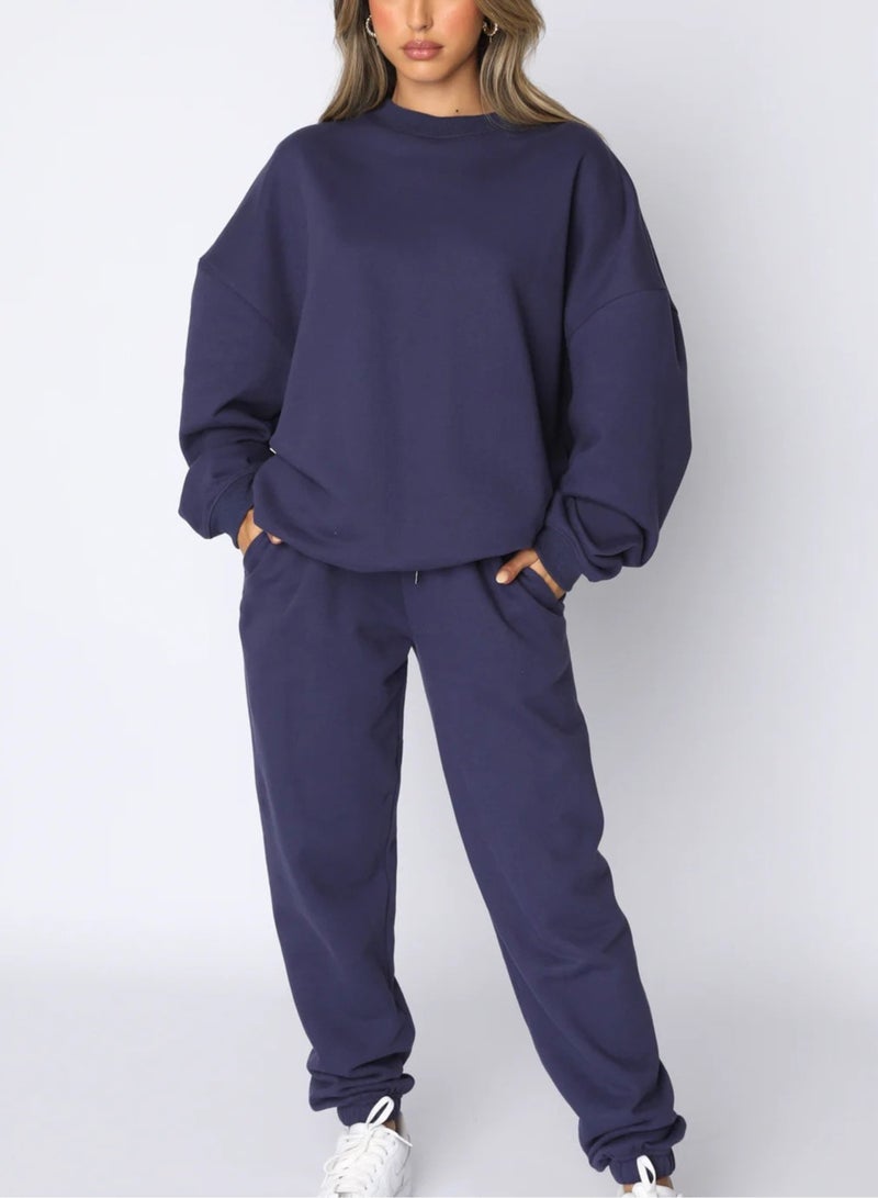 NIBEMINENT Solid Casual Two-piece Set, Long Sleeve Crew Neck Sweatshirt & Drawstring Waist Jogger Pants Outfits, Women's Clothing  - Image 2