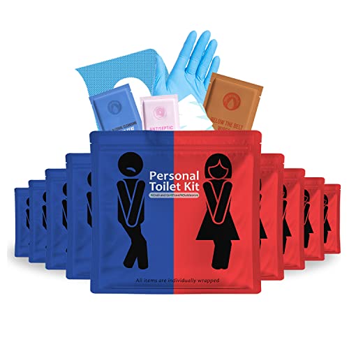 pH Advantage Personal Toilet Kit To Go – 10 Pack | Disposable Public Restroom Kit | Individually Wrapped for Toilet Protection Kit | Toilet Paper, Toilet Seat Cover, Butt Wipes, Cleansing Wipes (Red and Blue) - Image 1