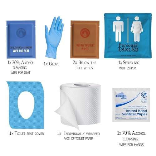 pH Advantage Personal Toilet Kit To Go – 10 Pack | Disposable Public Restroom Kit | Individually Wrapped for Toilet Protection Kit | Toilet Paper, Toilet Seat Cover, Butt Wipes, Cleansing Wipes (Red and Blue) - Image 2