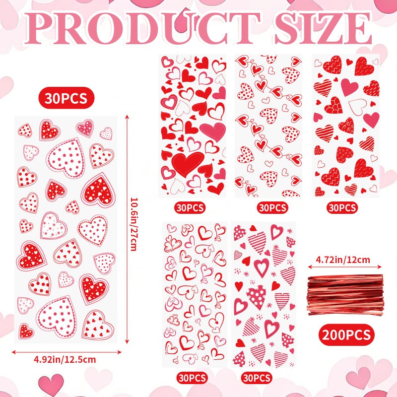 FOIMAS 180pcs Valentine's Day Cellophane Treat Bags,Heart Candy Goodie Bags Cookie Bag with Twisted Ties for Valentines Day Party Supply - Image 2